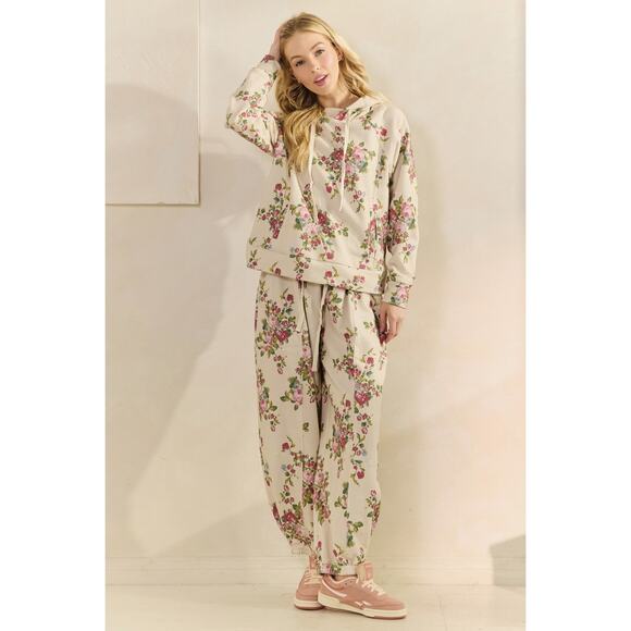 Veveret Size Small Beige Floral Printed French Terry Pants - Picture 6 of 11